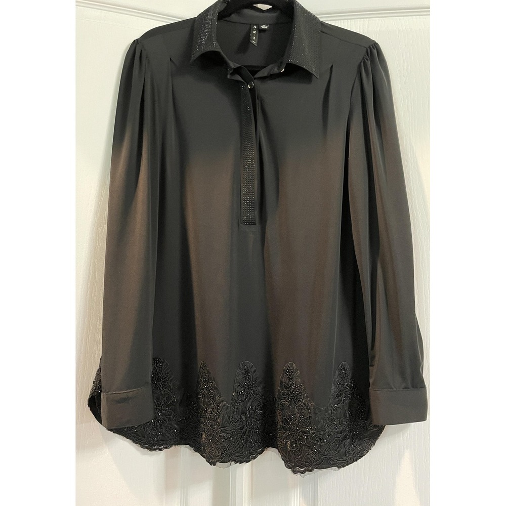 Azi Tunic Top Womens Medium Black Beaded Long Sleeve Blouse whimsygoth